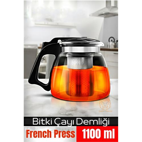  Süzgeçli French Press Cam Demlik 1100 Ml Bitki Çayı Demliği 