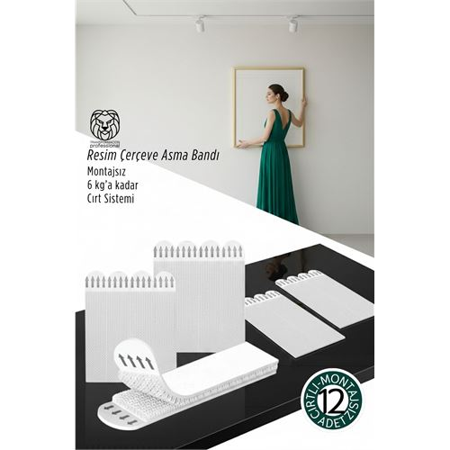 Güçlü Resim Çerçeve Asma Bandı 12'li Set - 6Kg Taşıma Kapasiteli Duvar Delmeyen Cırt Sistemi 
