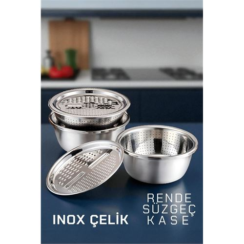 HSNET Inox Rende Kase Süzgeç Seti - MultiFix 3 in 1 