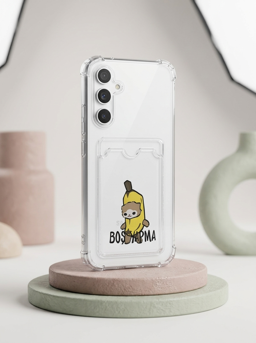 Samsung Galaxy A54 Boş Yapma Muz Detaylı Kart Bölmeli Şeffaf Telefon Kılıfı