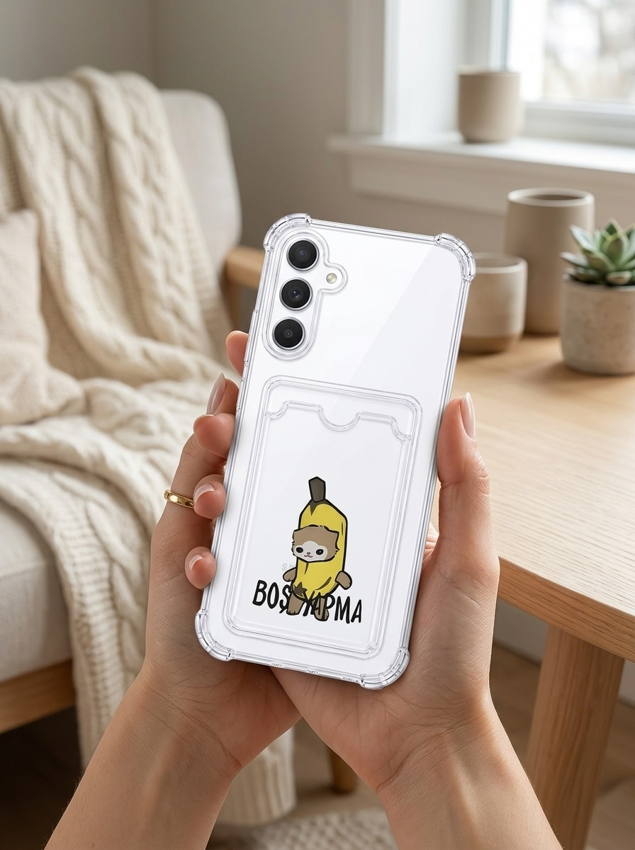 Samsung Galaxy A54 Boş Yapma Muz Detaylı Kart Bölmeli Şeffaf Telefon Kılıfı