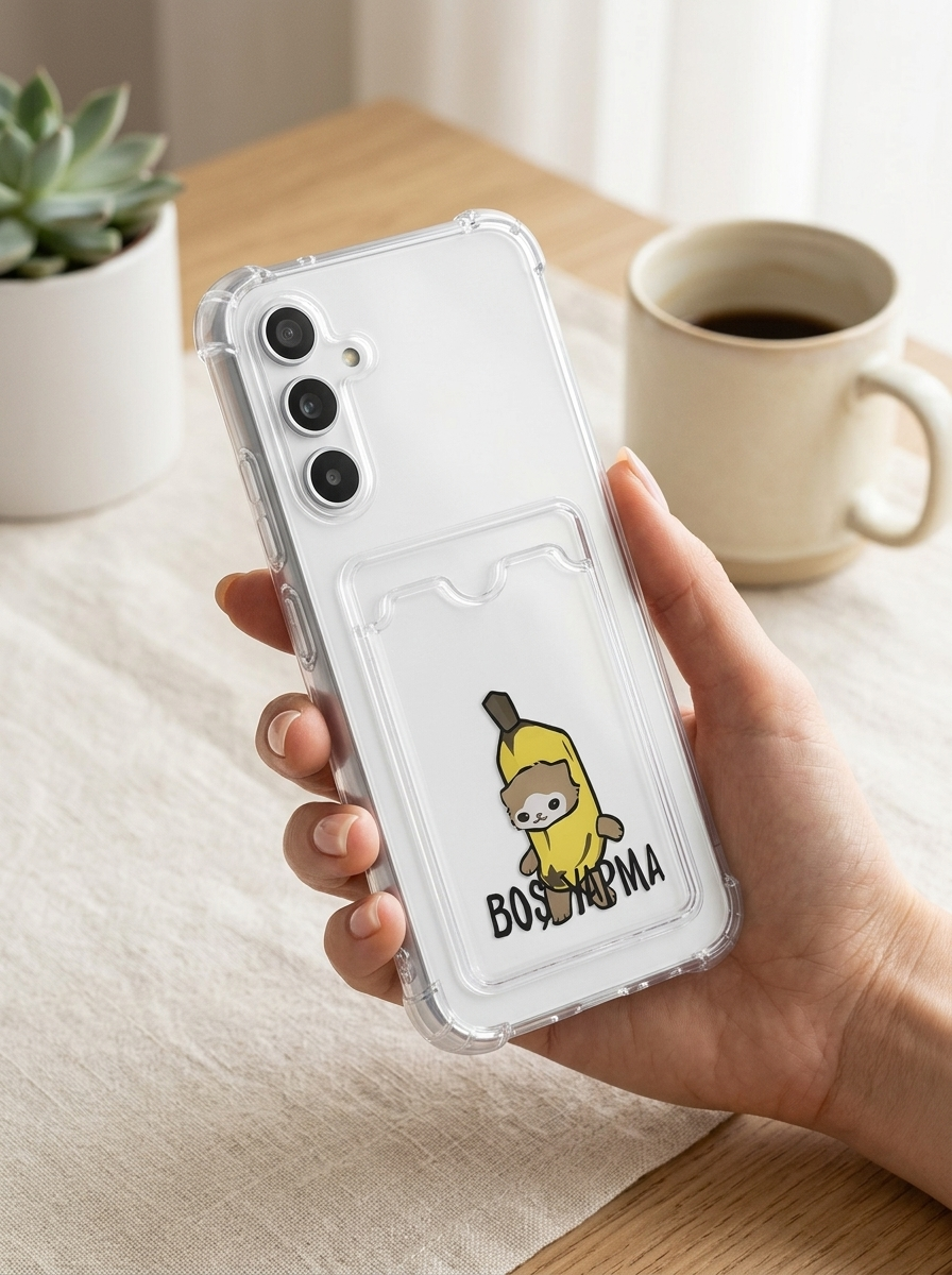Samsung Galaxy A54 Boş Yapma Muz Detaylı Kart Bölmeli Şeffaf Telefon Kılıfı