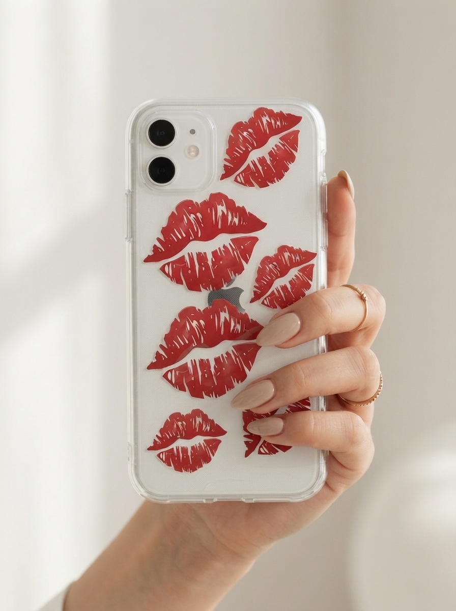 iPhone 11 Kırmızı Dudak / Öpücük Desenli Şeffaf Telefon Kılıfı