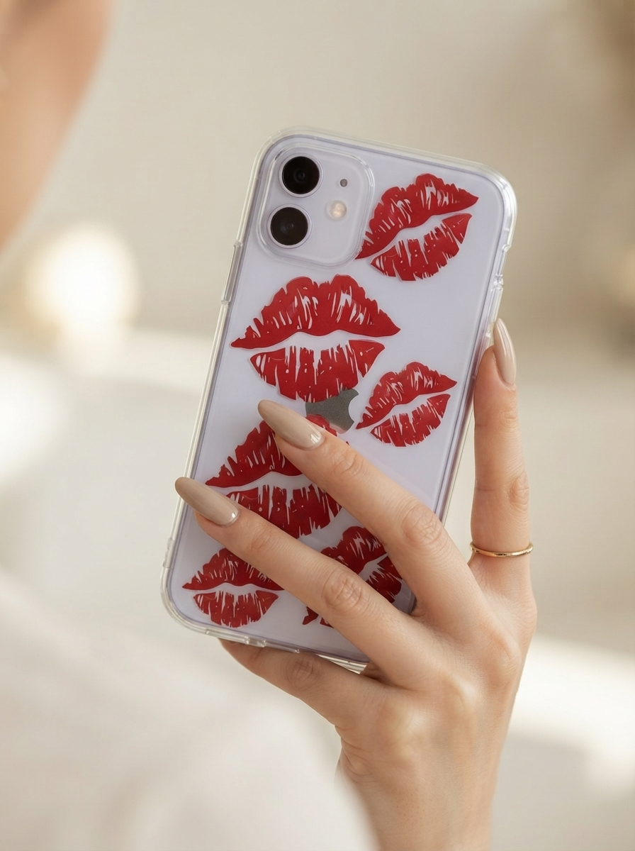 iPhone 11 Kırmızı Dudak / Öpücük Desenli Şeffaf Telefon Kılıfı