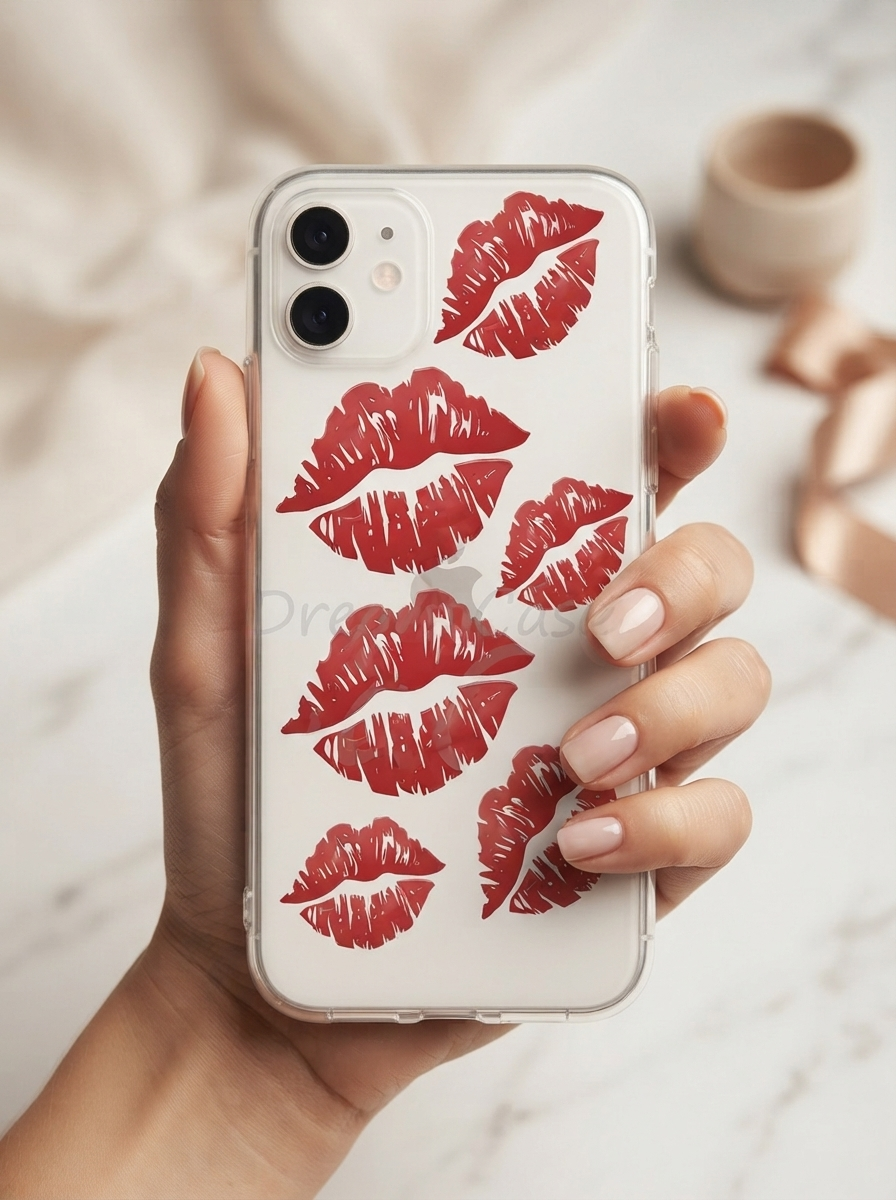 iPhone 11 Kırmızı Dudak / Öpücük Desenli Şeffaf Telefon Kılıfı