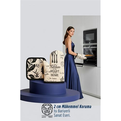 Delfin Katsaros Serisi Lüks Isı Korumalı Fırın Eldiveni ve Mutfak Tutma Bezi Seti 