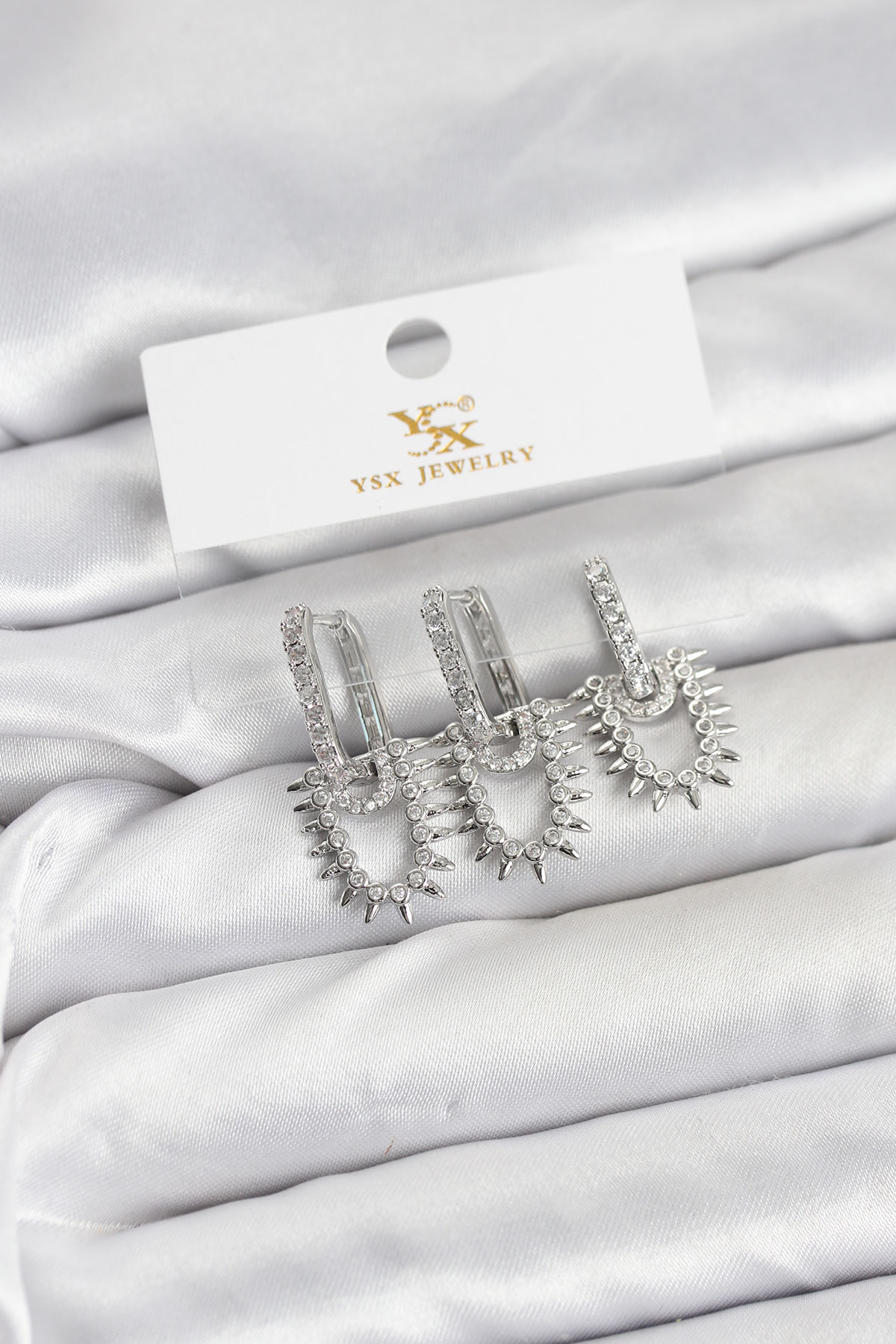 Pirinç Gümüş Renk Zirkon Taşlı Vintage Model YSX Trio Küpe Seti 5886