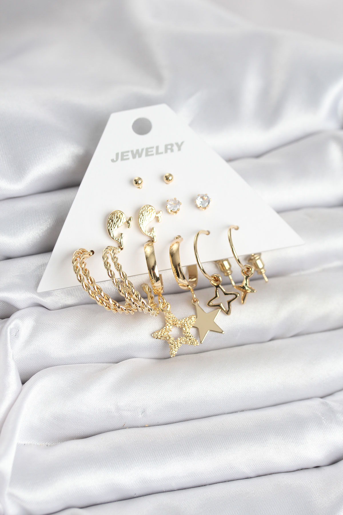 Gold Renk Yıldızlı Set 6 Çift Kadın Küpe Seti 5886