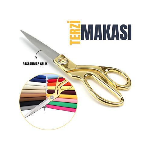  Terzi Makası – Paslanmaz Çelik Bıçaklı, Altın Renkli Profesyonel Kumaş Kesme Makası 