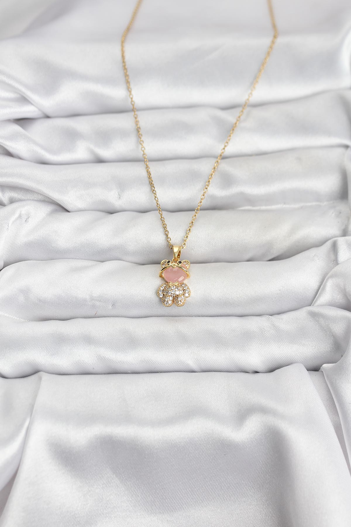 316L Çelik Zincir Gold Renk Teddy Bear Model Zirkon Taşlı Kadın Kolye 5886