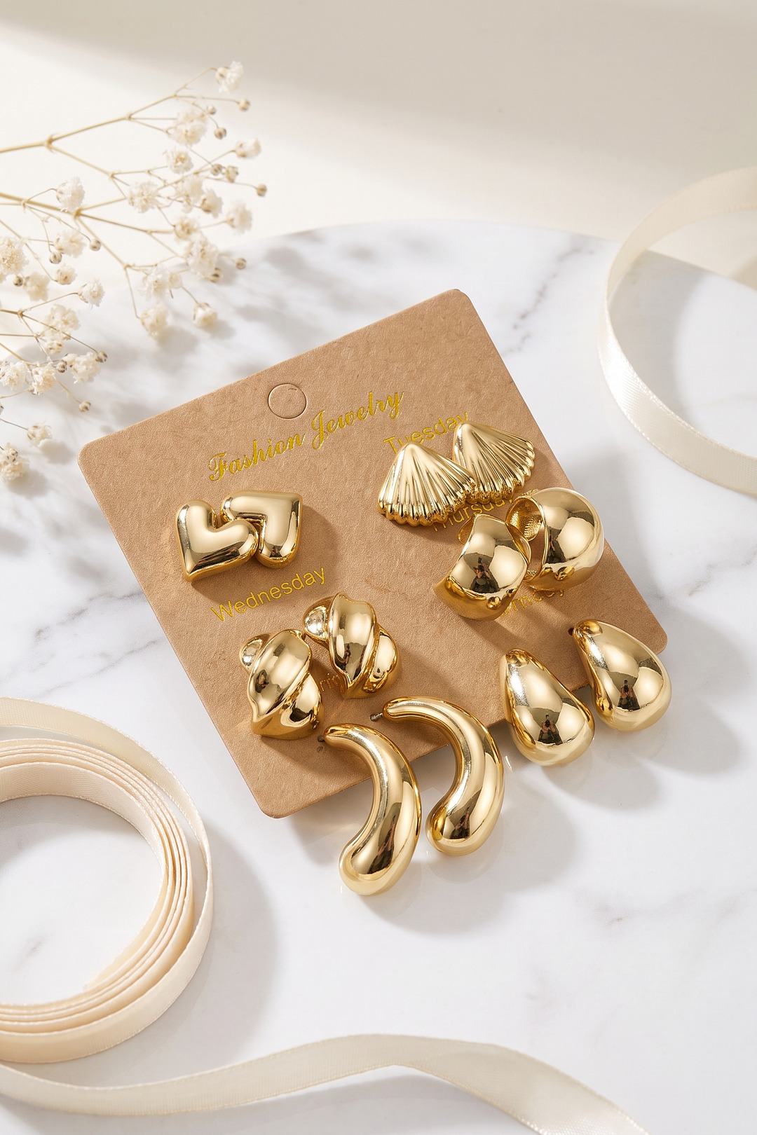 Metalik Kaplama Gold Renk CCB 6 Çift Kadın Küpe Seti 5886