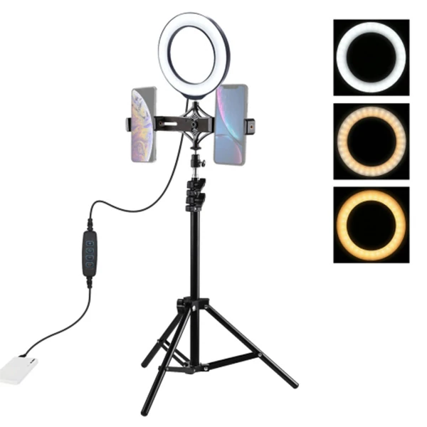 PULUZ 1.1M Çift Telefon tutucu 6.2CM Led Işık Stand Youtuber,Canlı Yayın Selfie TikTok Makeup-(1903)