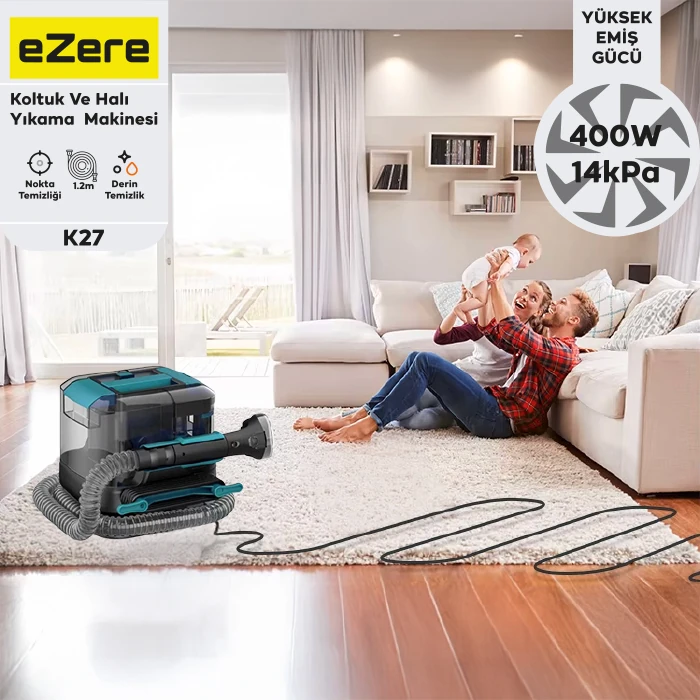 EZERE 14kPa Güçlü Koltuk Ve Halı Yıkama Temizleme Makinesi 2000mMl Su Hazneli 400W-(1903)