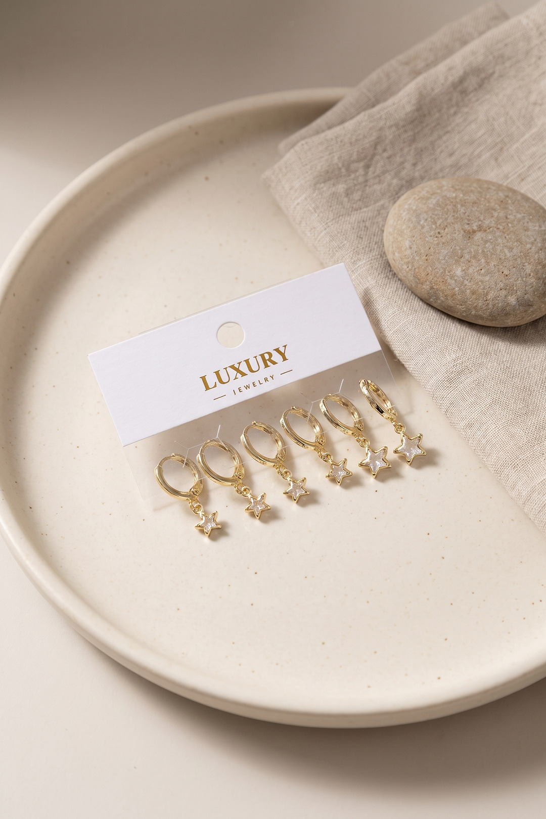 Yıldız Zirkon Taşlı Gold Renk Pirinç Set Küpe 5886