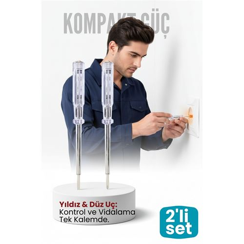 2'li Set Elektrik Kontrol Kalemi Tornavida Yıldız Düz Uçlu 