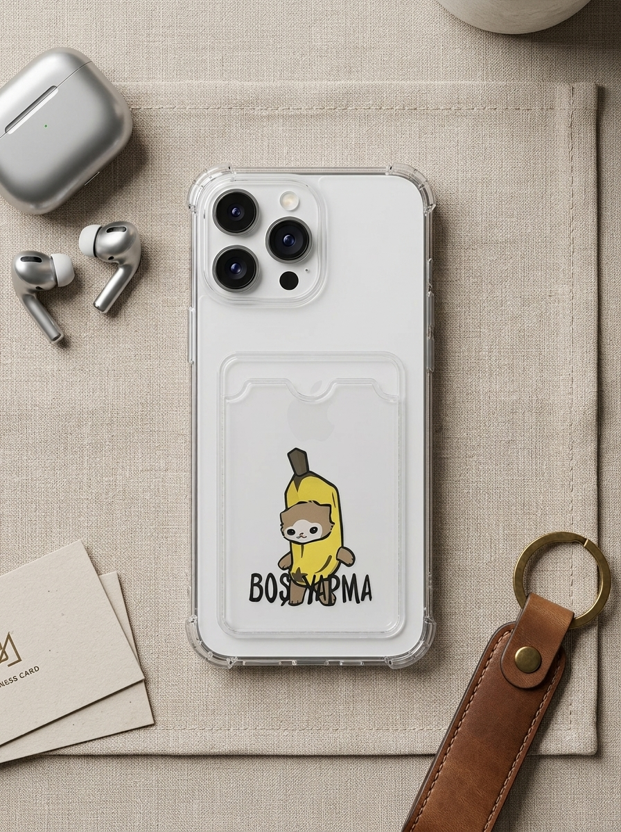iPhone 14 Pro Max Boş Yapma Muz Detaylı Kart Bölmeli Şeffaf Telefon Kılıfı