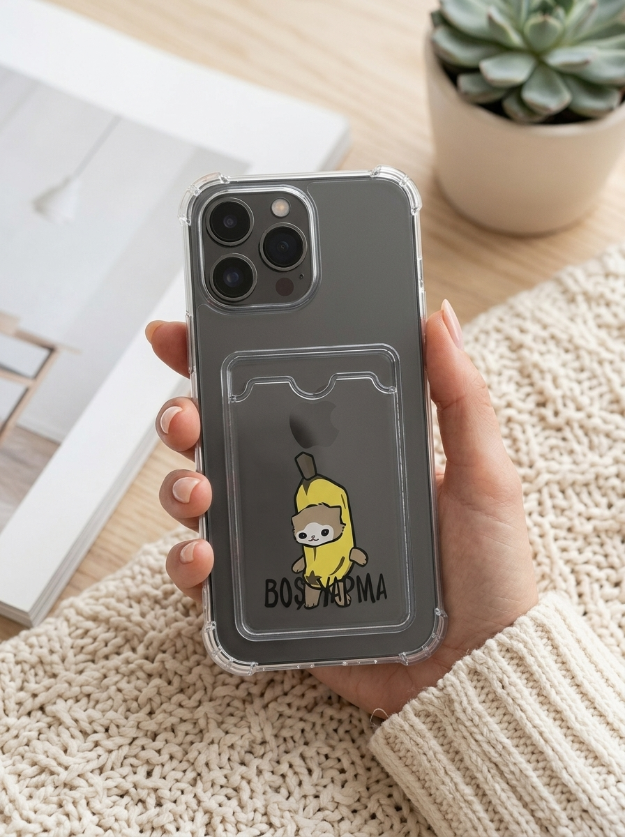 iPhone 14 Pro Max Boş Yapma Muz Detaylı Kart Bölmeli Şeffaf Telefon Kılıfı