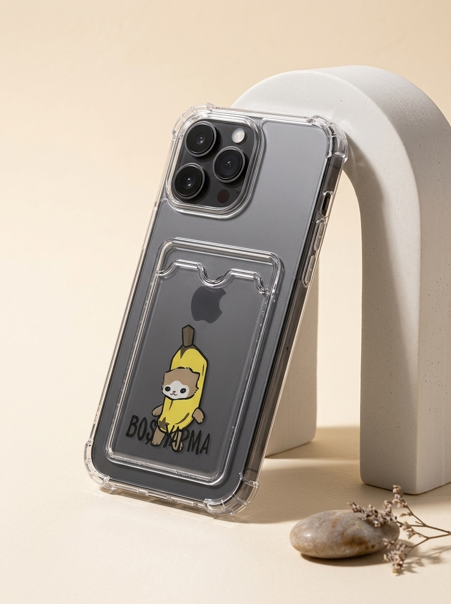 iPhone 14 Pro Max Boş Yapma Muz Detaylı Kart Bölmeli Şeffaf Telefon Kılıfı